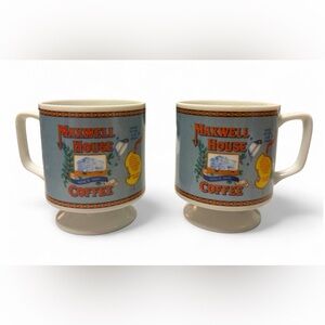 Vintage 1970's Pedestal Advertising Maxwell House Coffee Mugs Cups Set of 2